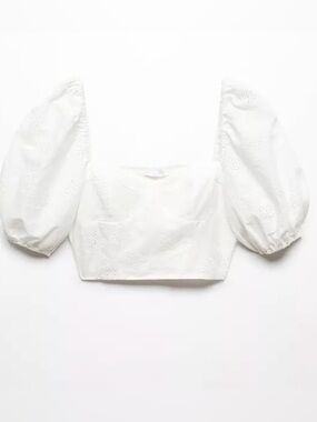 Mango puff sleeved embroidered cropped blouse in white size 6